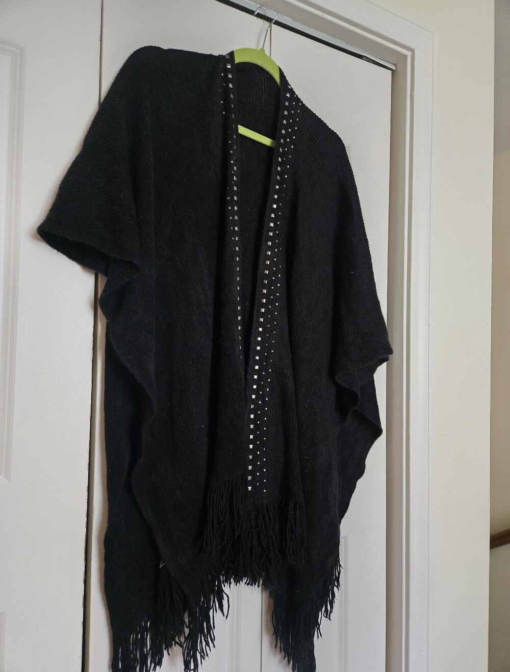Plus Black Fringe Open Front Women's Poncho with Stud Detail- One Size Fits Most